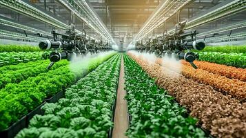 Lush greenhouse with rows of vibrant lettuce being misted by automated sprayers in action photo