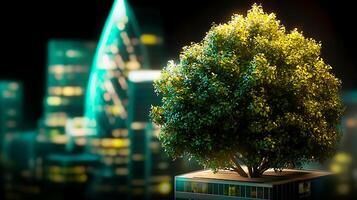 Lush tree atop modern building illuminated at night with city skyline in background photo