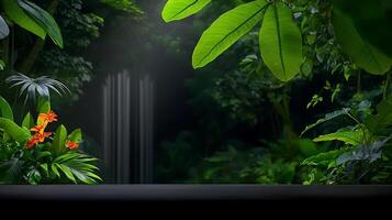 Lush tropical rainforest with vibrant flowers and a serene waterfall in the background photo