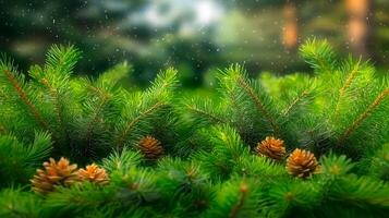 Lush pine branches adorned with cones, set in a serene forest backdrop with soft sunlight filtering photo