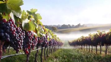 Lush vineyard landscape at dawn with mist, showcasing ripe grapes and rolling hills in background photo