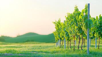 Lush vineyard rows basking in golden sunset light, with rolling hills and serene nature backdrop photo