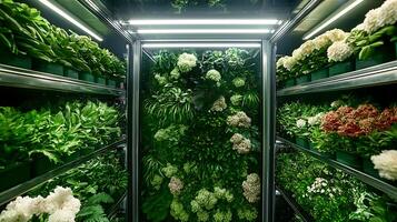 Lush vertical garden display featuring various plants and flowers in a modern greenhouse setting photo