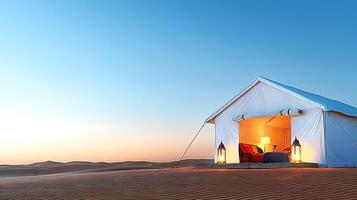 Luxurious desert tent at sunset with warm lighting and serene sand dunes in the background photo