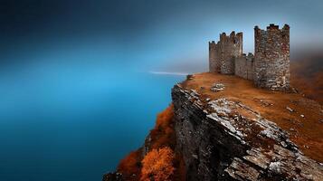 Majestic ancient castle perched on cliff edge overlooking serene blue waters in autumn photo