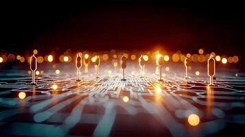 Macro view of a glowing circuit board with illuminated connections and blurred lights in background photo
