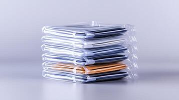 Stacked transparent packages with various colored contents on a smooth gray background photo