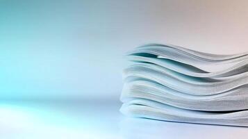 Stacked white paper sheets with soft blue lighting, creating a serene and minimalistic backdrop photo
