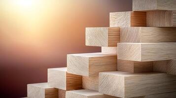 Stacked wooden blocks create a geometric pattern against a warm sunset background photo