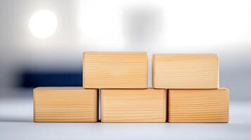 Stacked wooden blocks in a softly blurred background, symbolizing creativity and play photo