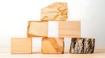 Stacked wooden blocks of various shapes and textures arranged on a wooden surface with a plain background photo