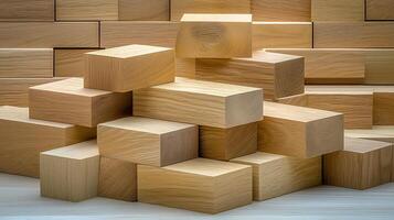 Stacked wooden blocks creating a textured background with natural lighting, ideal for design projects photo