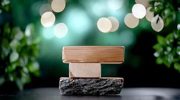 Stacked wooden blocks on a dark surface with blurred green background and soft lights photo