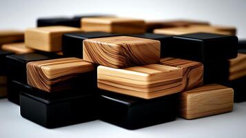 Stacked wooden blocks showcasing a variety of textures and colors, creating an artistic arrangement photo