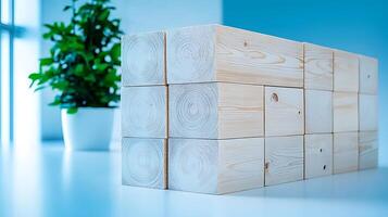 Stacked wooden blocks on a bright table with a green plant in a white pot in the background photo