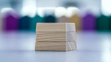 Stacked wooden blocks on a blurred background of colorful house shapes, ideal for educational use photo