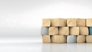 Stacked wooden blocks with varied colors on a smooth surface, showcasing creativity and design photo