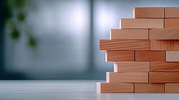 Stacked wooden blocks on a table with a blurred background suggesting a calm workspace photo