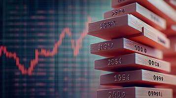 Stacked wooden blocks with financial data background illustrating growth and investment concepts photo