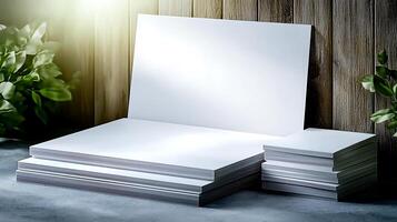 Stacks of blank white paper resting on a concrete surface near wooden fencing and greenery photo