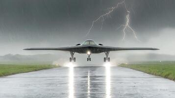 Stealth aircraft landing on a rain-soaked runway with lightning in the background photo