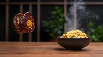 Steaming bowl of noodles with a floating canister in a modern kitchen setting photo