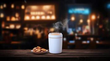 Steaming beverage in a white cup with cookies on a wooden table in a cozy cafe setting photo