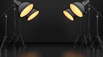 Studio setup with four professional lighting fixtures illuminating a dark background, ideal for photography photo