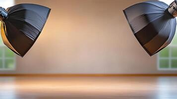 Studio setup with softbox lights illuminating an empty room with wooden floor and windows photo