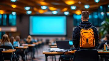 Student with yellow backpack stands before a presentation screen in a modern classroom setting photo