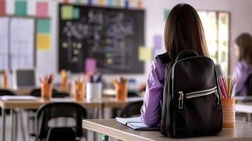 Student sitting in a classroom with a backpack, focused on learning, colorful notes in background photo