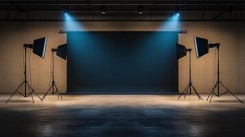 Studio setup with softbox lights illuminating a dark backdrop, ideal for photography sessions photo