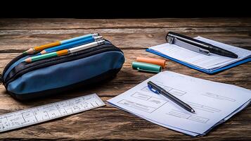 Study materials arranged on a wooden desk with stationery, papers, and writing tools in focus photo