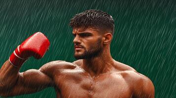 Strong boxer posing confidently in the rain, showcasing determination and athleticism photo