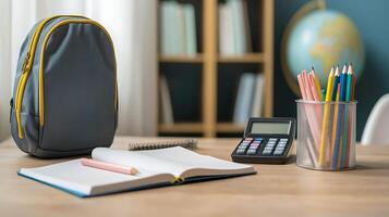 Study space featuring a backpack, open notebook, calculator, and colorful pencils on a wooden desk photo