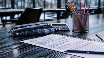 Study materials and stationery arranged on a wooden table in a bright classroom setting photo