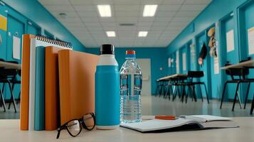 Study materials on a desk in a bright classroom with blue walls and empty chairs in the background photo
