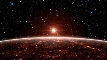 Stunning cosmic view of a distant planet's surface illuminated by a bright star in space photo