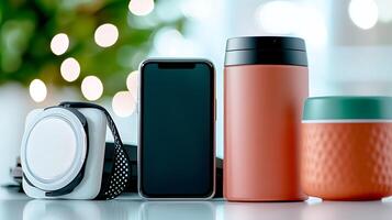 Stylish arrangement of a smartphone, fitness tracker, and colorful drink containers on a table photo