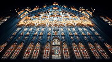 Stunning stained glass window of a historic cathedral illuminated at night, showcasing intricate designs photo