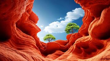 Stunning view of vibrant red rock formations with green trees under a bright blue sky photo