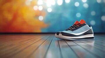 Stylish athletic shoe displayed on polished wooden floor with colorful bokeh background photo