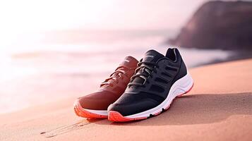 Stylish athletic shoes resting on sandy beach with ocean waves and sunset in background photo