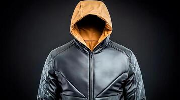 Stylish black and orange hooded jacket displayed against a dark background, emphasizing design details photo