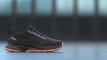 Stylish black athletic shoe positioned on a smooth surface with a blurred background photo