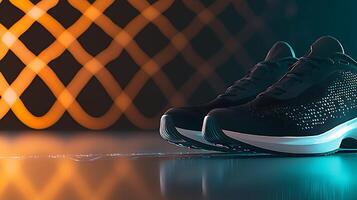 Stylish black athletic shoes displayed on a reflective surface with dynamic lighting patterns photo