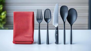 Stylish black cutlery set arranged neatly beside a red napkin on a clean table, with greenery in background photo