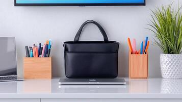 Stylish black handbag placed on a desk with stationery and a laptop, in a modern workspace photo
