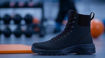 Stylish black hiking boots positioned on a gym floor with weights and exercise equipment in the background photo