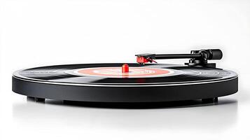 Stylish black turntable with a vibrant red center label spinning vinyl records on a white background photo